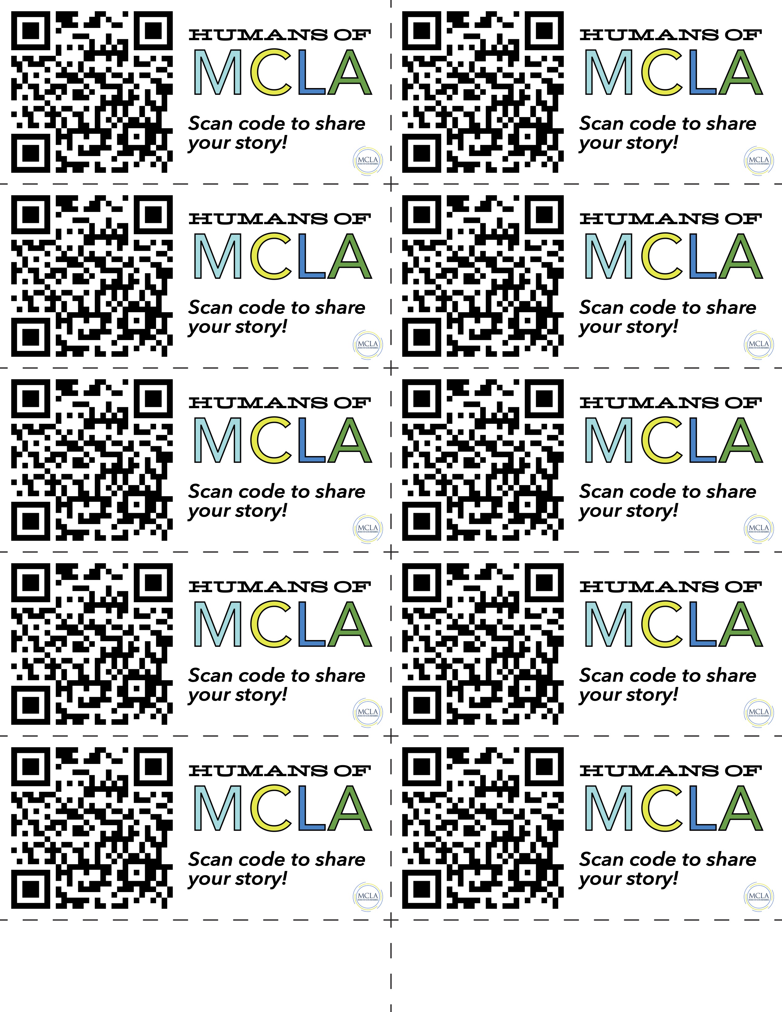 Page of strips with a QR code and the text Scan code to share your story!