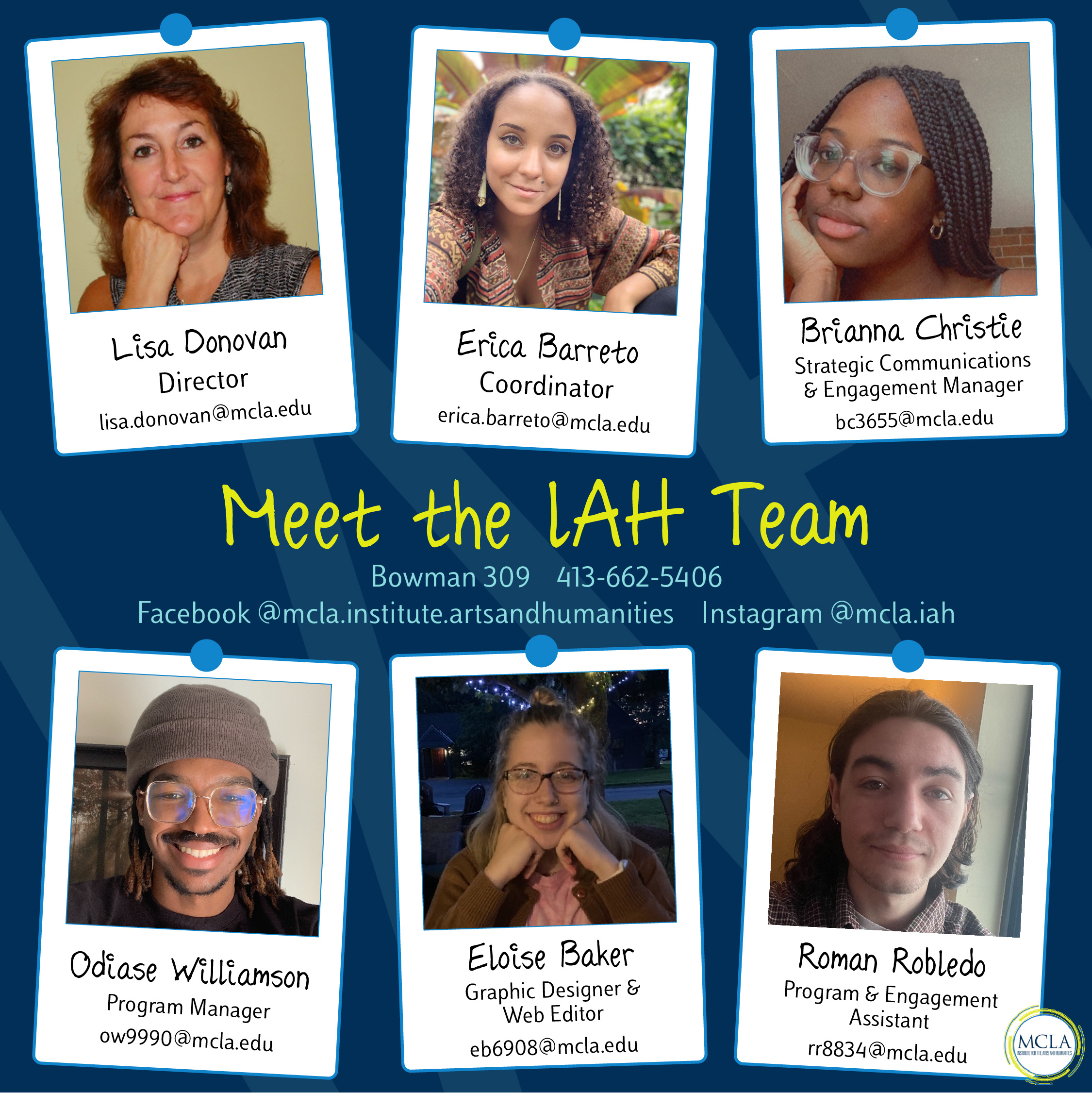 Graphic with the text Meet the IAH Team! and information about IAH staff members